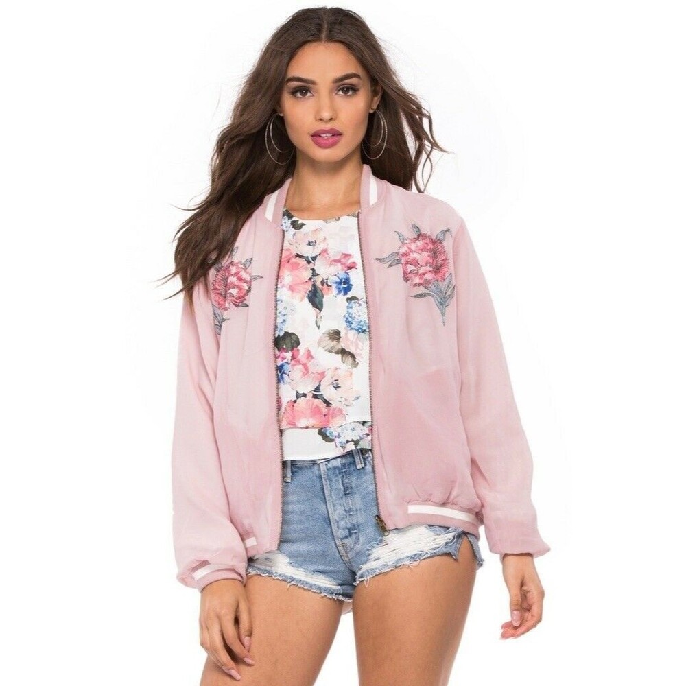 SHOW ME YOUR MUMU Pink White Reversible Bomber Jacket Embroidered NEW M